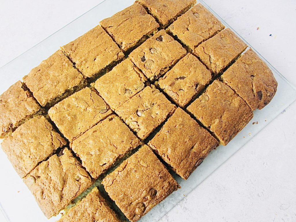 Sliced Peanut Butter Banana and Chocolate Blondie Bars