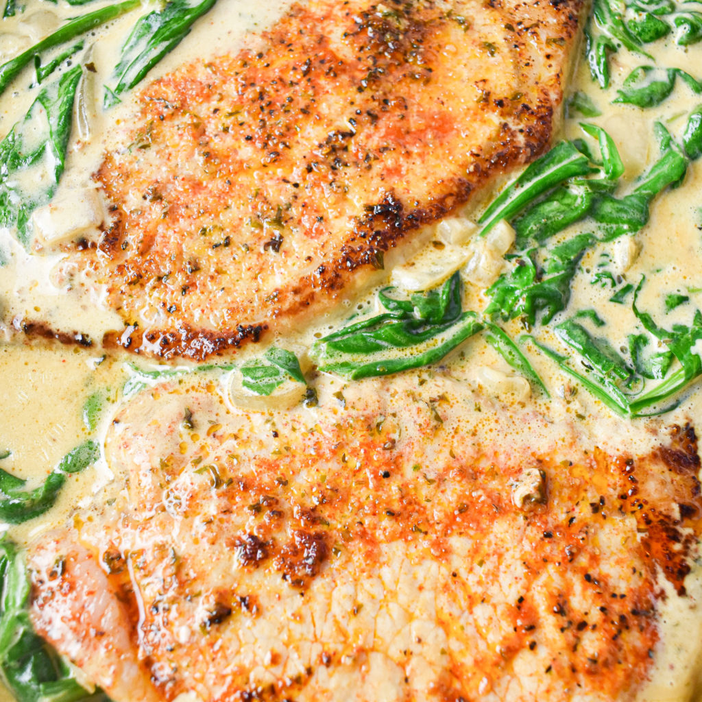 pork and spinach in creamy sauce
