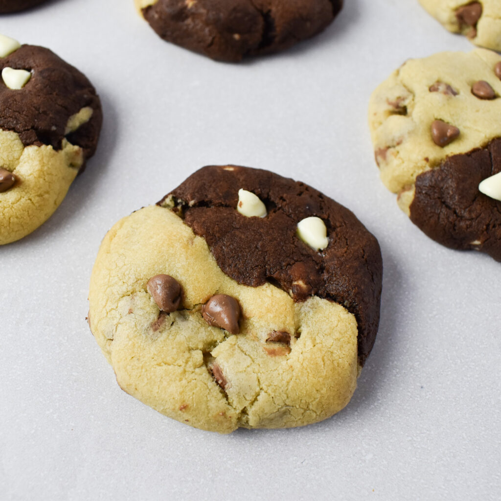 Chocolate chip swirl cookies. Half the cookie is dark chocolate with white chocolate chips and the other side is regular cookie dough with milk chocolate chips.