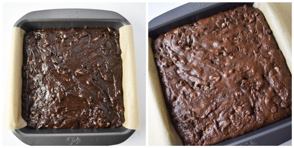 Brownie batter in lined baking tin and 
Whole uncut baked brownie in baking tin.