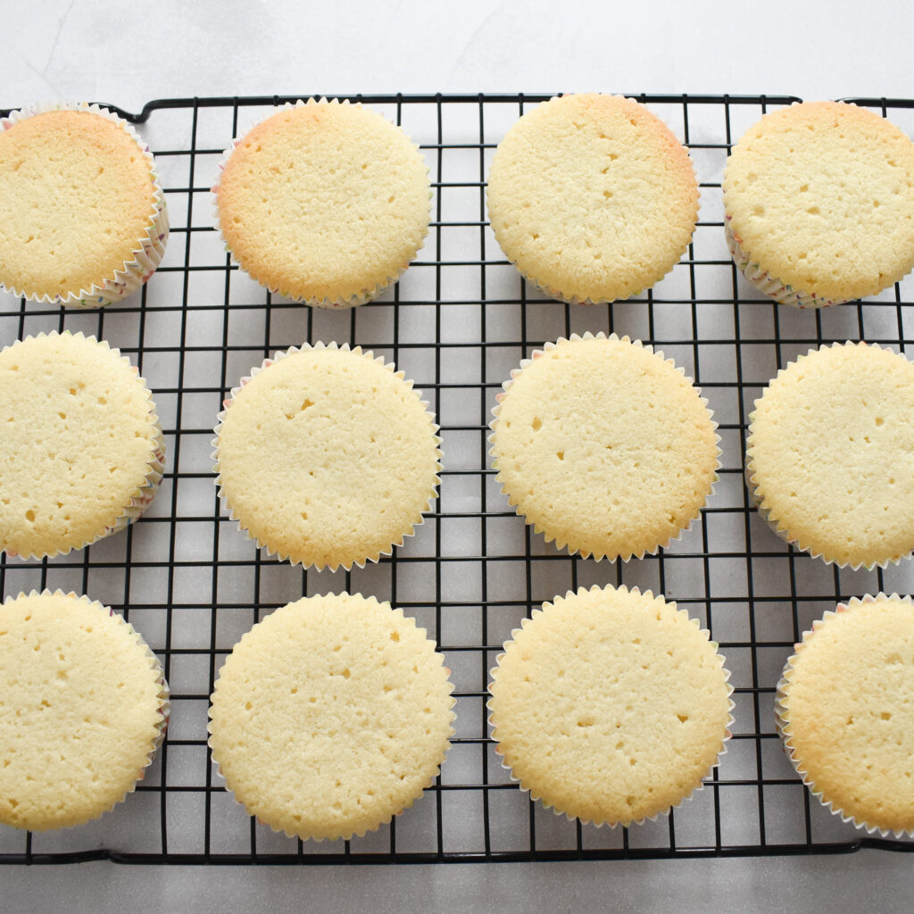 Freshly baked vanilla cupcakes with no frosting.