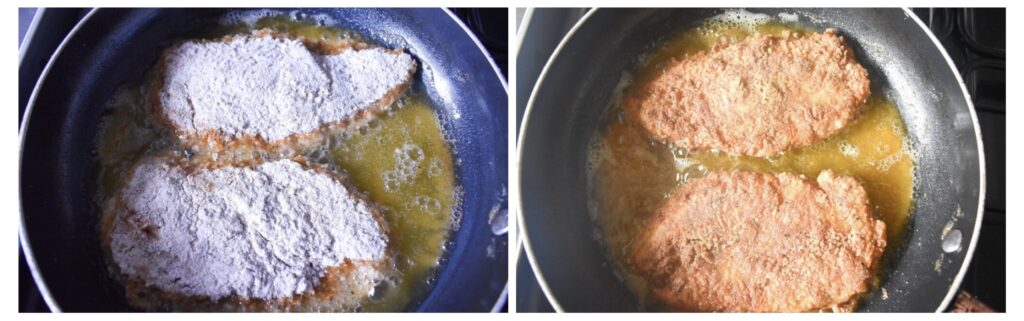 2 chicken breast pieces cooking in frying pan.