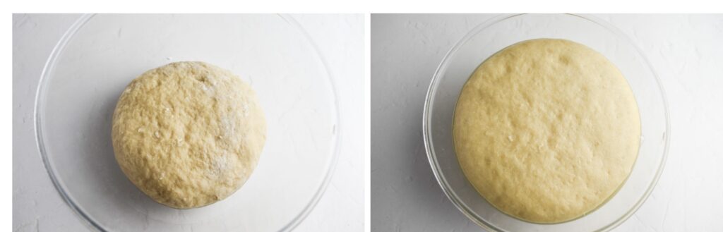 Dough before and after rising from yeast,