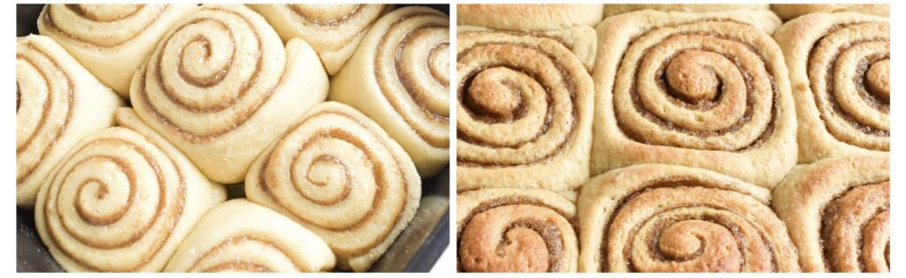 Cinnamon rolls before and after baking